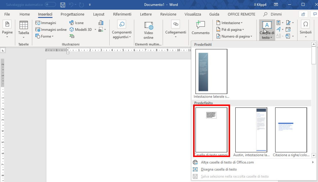 Come fare testo in diagonale in Word casella di testo semplice