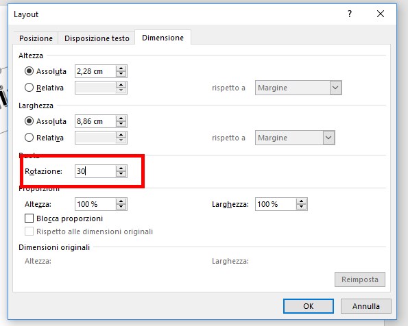 Ruotare testo Word impostare gradi rotazione