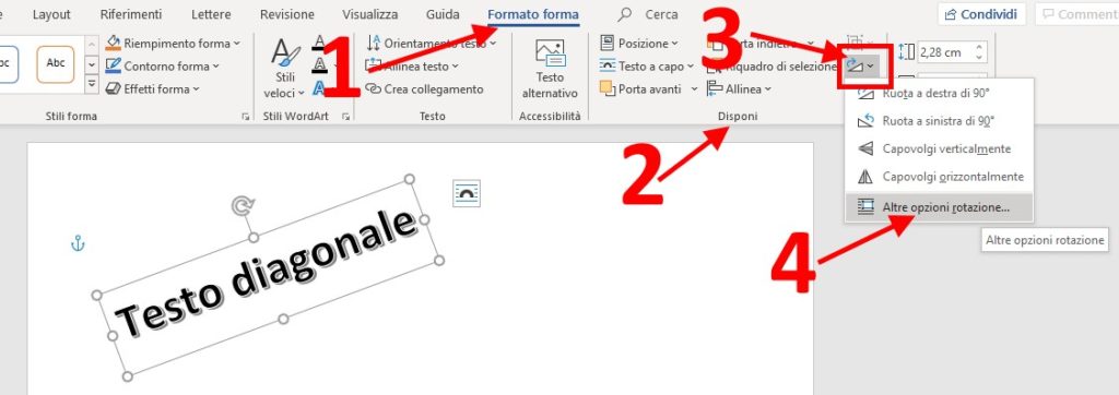 Ruotare testo Word opzioni rotazione