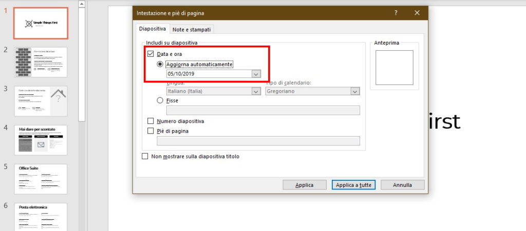 Inserire orologio in powerpoint finestra opzioni data