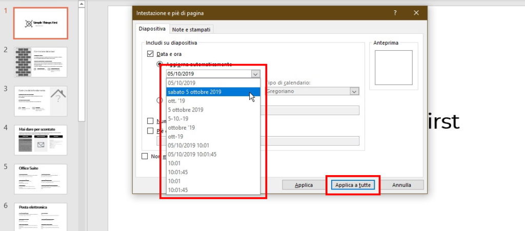 Inserire orologio in powerpoint finestra opzioni data dettagli