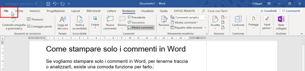 stampare solo commenti in Word menu File Stampa