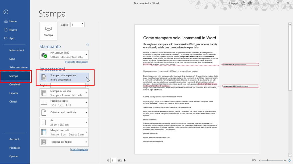 stampare solo commenti in Word opzioni stampa