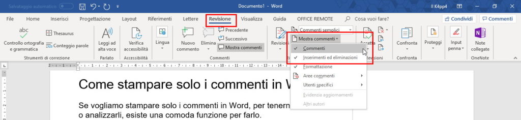 stampare solo commenti in Word revisioni mostra commenti