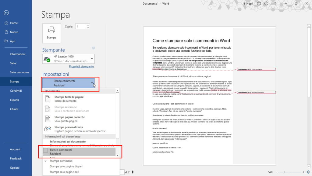 stampare solo commenti in Word stampa