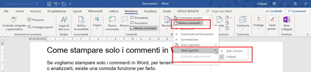 stampare solo commenti in Word utenti specifici